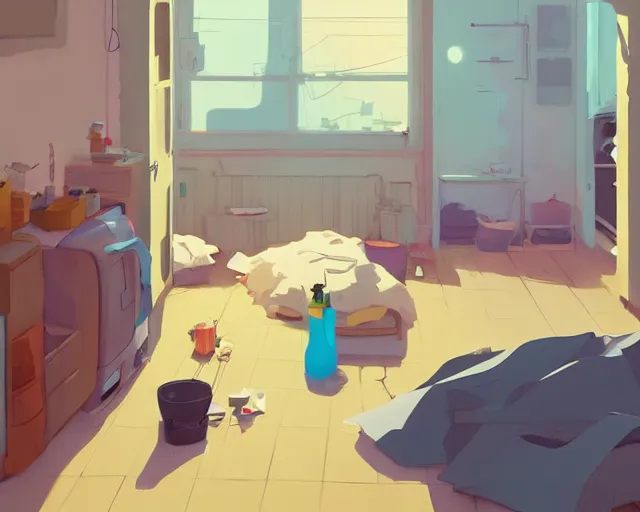 Image similar to an untidy room with laundry on the floor, detailed, by cory loftis, james gilleard, atey ghailan, makoto shinkai, goro fujita, studio ghibli, plain background