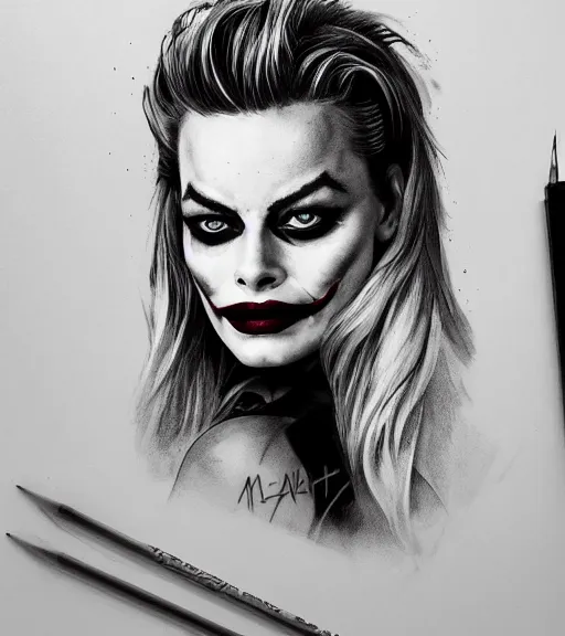 Image similar to tattoo design sketch of beautiful margot robbie portrait with joker makeup, in the style of den yakovlev, realistic face, black and white, faded sides, realism tattoo, hyper realistic, highly detailed