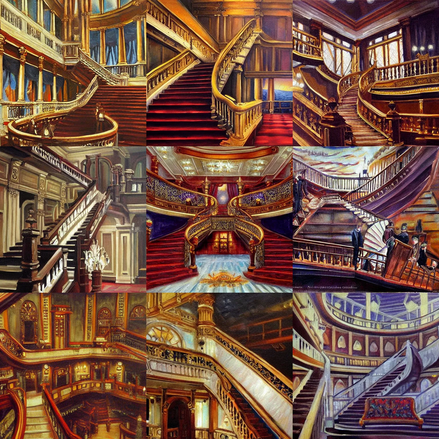 Prompt: grand staircase of the titanic, very detailed oil painting