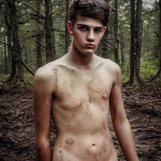 Prompt: detailed portrait of a teenage boy, around 1 9 yo. looking sad. short hair, shirtless, tattoo. muddy face. ominous and eerie looking forest in background. natural colors.