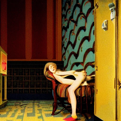 Image similar to an ivory girl in an soviet golden liminal abandoned room, film still by wes anderson, depicted by david lynch, limited color palette, very intricate, art nouveau, highly detailed, lights by hopper, soft pastel colors