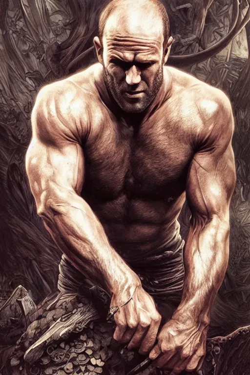 Image similar to portrait of jason statham as a hulking herculean demon, forest, godlike, full body, fantasy, intricate, elegant, highly detailed, digital painting, artstation, concept art, sharp focus, illustration, art by artgerm and greg rutkowski and alphonse mucha