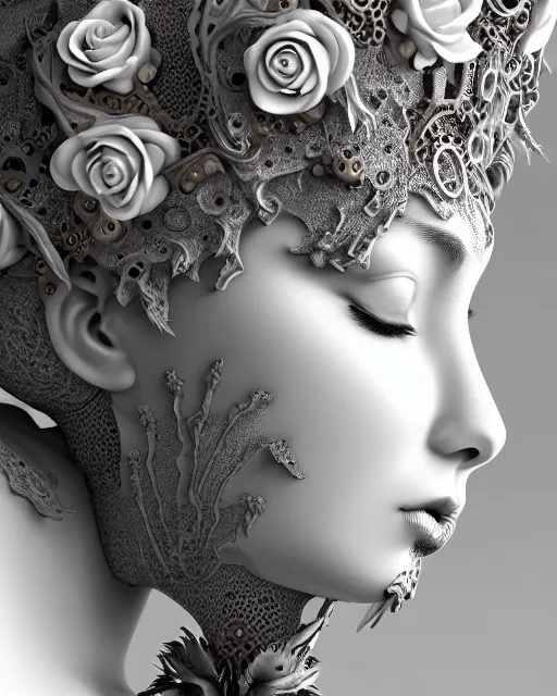 Image similar to bw dreamy close - up profile face, beautiful young porcelain intricate steampunk bio - mechanical vegetal - dragon - cyborg - female, white roses ornate metallic armour, white fluffy feathers, fine mandelbrot fractal lace, 1 5 0 mm, soft rim light, elegant, hyper real, ultra detailed, octane render, hg giger, 1 6 k