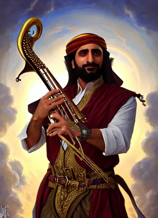 Image similar to a _ fantasy _ style _ portrait _ painting _ of arabian male charismatic bard playing instrument, rpg dnd oil _ painting _ unreal _ 5 _ daz. _ rpg _ portrait _ extremely _ detailed _ artgerm _ greg _ rutkowski _ greg
