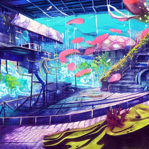 Image similar to painted anime background of an underwater mall in the slums built from various coral seashells and being reclaimed by nature, seaweed, light diffraction, litter, steampunk, cyberpunk, caustics, anime, vhs distortion, inspired by splatoon by nintendo, art created by miyazaki