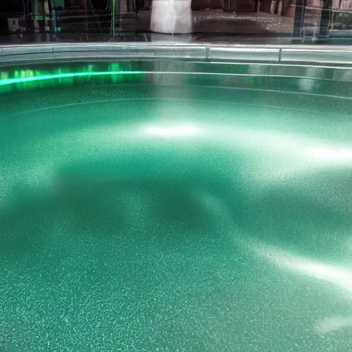 Prompt: swirling soft focus chrome liquid metal pools green, shining, smooth curves, liquidmetal, translucent, hologram