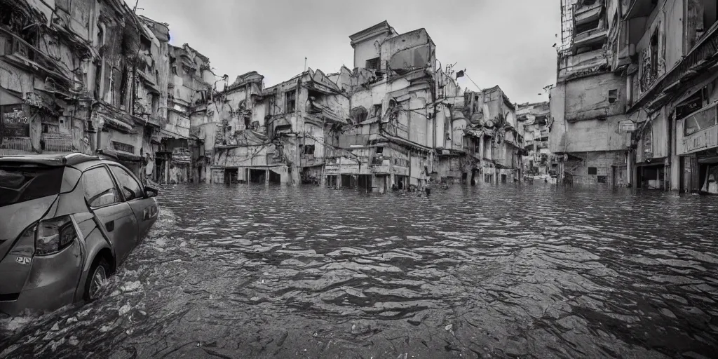 Image similar to post - apocalyptic depiction of the city of catania during flooding conditions by yoshitaka amano, wide angle camera