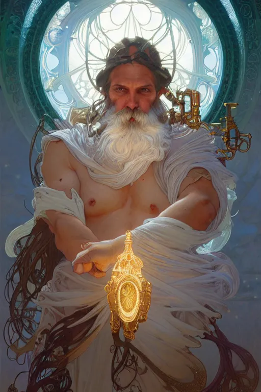 Image similar to highly detailed portrait of god zeus, alphonse mucha, stephen bliss, unreal engine, fantasy art by greg rutkowski, rhads, ferdinand knab, makoto shinkai and lois van baarle, ilya kuvshinov, rossdraws, tom bagshaw, global illumination, radiant light, detailed and intricate environment, steampunk