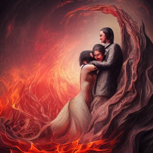 Prompt: hyper detailed trending on artstation digital art vintage painting of woman and man embracing the burning cosmos of light and love created with a dark atmosphere in a gothic macabre haute couture look and bespoke feel hd 3 d