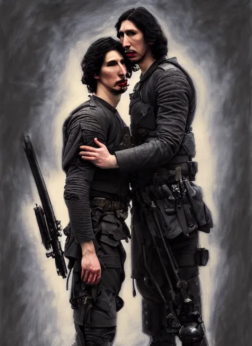 Prompt: portrait of adam driver helping a wounded john oliver, standing together, stoic, full body, military uniform, battle, war, fantasy, intricate, elegant, beautiful, highly detailed, charcoal, centered, dark, smokey, digital painting, artstation, art by artgerm, art by greg rutkowski, art by alphonse mucha