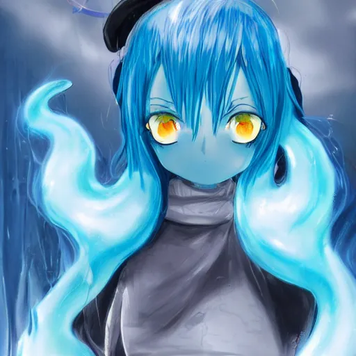 Image similar to rimuru tempest melting into blue slime, fan art, tensei shitara slime datta ken, cute, highly detailed, professional digital painting, concept art, tensura illustration, unreal engine 5, manga, light novel, hd quality, 8 k, bridegroom suit, fur scarf, cinematic, art by andy warhol, yoshitaka amano