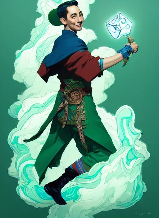 Prompt: style artgerm, joshua middleton, illustration, pee wee herman as a warrior monk wearing green pelt light armor, blue hair, swirling water cosmos, fantasy, dnd, cinematic lighting