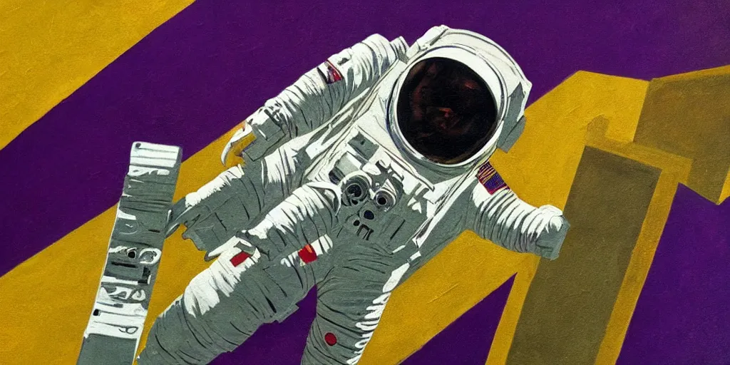 Prompt: insane _ detail _ textured _ art _ deco _ painting _ of _ astronaut _ full _ body _ flying _ from _ bottom _ left _ to _ top _ right _ muted _ greens _ and _ browns _ geometric _ gold _ and _ deep _ purple
