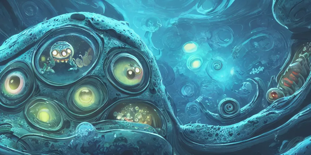 Image similar to of an intricate deep sea with strange cute friendly happy creatures with huge eyes, mouth, long tongue, round teeth and goofy face, appearing from the background, in the style of gehry and gaudi, macro lens, shallow depth of field, ultra detailed, digital painting, trending artstation, concept art, illustration, cinematic lighting, photorealism, epic, octane render