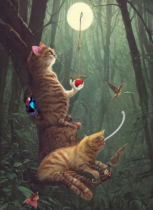 Image similar to a hyper realistic illustrated cat with playing with a hummingbird on its paw in the woods gorgeous lighting, lush forest foliage painting by chiara bautista and beksinski and norman rockwell and greg rutkowski weta studio, and lucasfilm