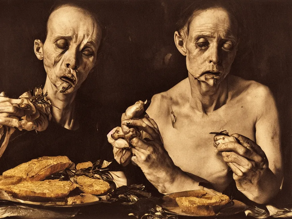 Image similar to Jaded factory worker eating bread. Golden harsh light. Portrait by Caravaggio, Roger Ballen