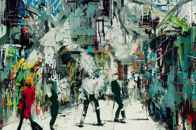 Image similar to a solarpunk white plastic wall by john berkey, covered in graphitti by banksy, basquiat, cleon peterson, dramatic cinematic lighting, manicured solarpunk greenery, high fashion futuristic people walk past