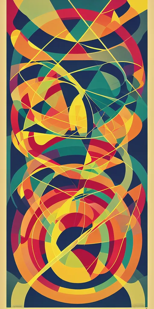 Prompt: retro 7 0 s poster graphics of geometric representation of gravity effects on space and time, geometric design, movement, perfect geometry, spheres, retro poster, symmetrical, serious, 7 0 s pop colors, poster