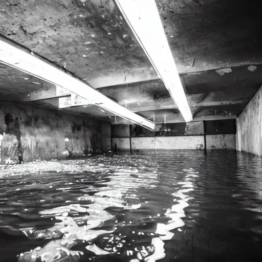 Prompt: flooded abandoned underground waterpark, liminal space, dark, eerie, creepy, dark lighting, liminal,