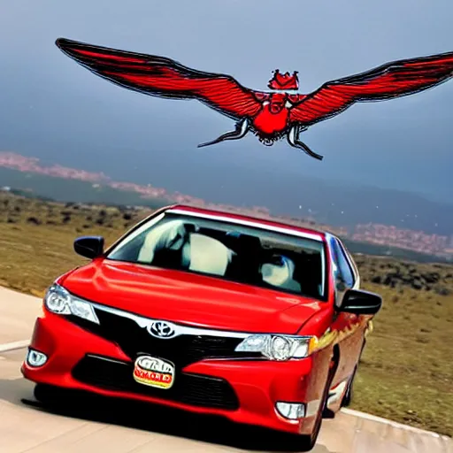 Image similar to toyota camry 9 9 with wings flying in the sky