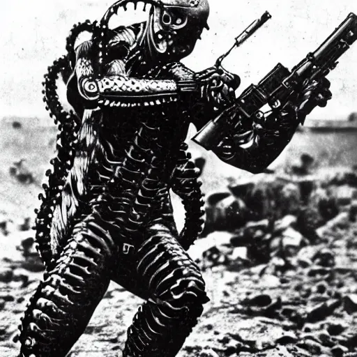 Image similar to old black and white photo, 1 9 1 3, depicting bruce willis in combat armor with guns, shooting biomechanical octopus, historical record, tentacles around