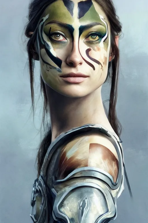 Image similar to a professionally painted portrait of Olivia Wilde, clothed in ancient battle armor, olive skin, long dark hair, beautiful bone structure, symmetrical facial features, face painted with camouflage, intricate, elegant, digital painting, trending on Artstation, concept art, smooth, sharp focus, illustration, from Metal Gear by Ruan Jia and Mandy Jurgens and Artgerm and and william-adolphe bouguerea, award winning