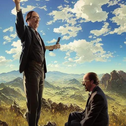 Image similar to saul goodman and walter white, fantasy character portrait, dynamic pose, above view, sunny day, very coherent asymmetrical artwork, sharp edges, perfect face, simple form, 1 0 0 mm by stanley artgerm lau, greg rutkowski, thomas kindkade, alphonse mucha, loish