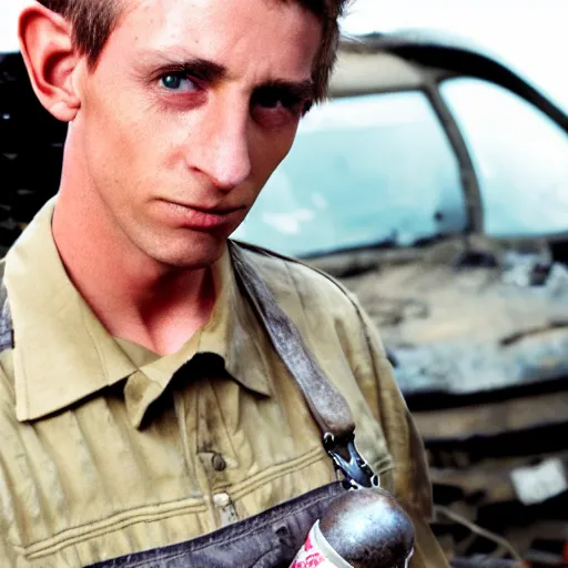 Prompt: close up headshot of a skinny high-fantasy elf with a long face narrow chin and spiky blonde hair wearing dark brown overalls and holding a bomb next to a destroyed car, gel spiked hair, high resolution film still, HDR color