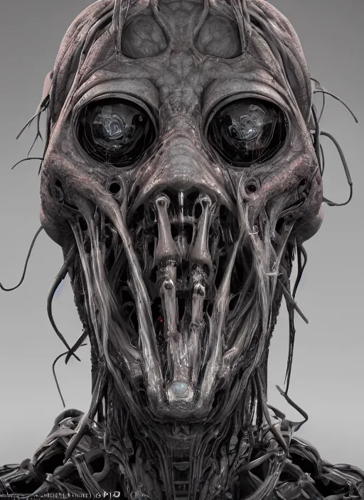 Image similar to a portrait up of a creepy looking biomechanical cthulu head, gigeresque cyberpunk art by ikuo hirayama, photorealism, octane render, behance hd, polycount, glowing fire background