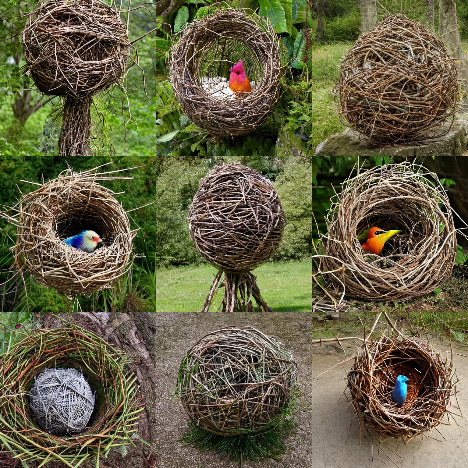 Prompt: exotic bird nesting in an environment art sculpture by Nils-Udo, leaves twigs wood, nature, natural, round form, Bird inside, leaves woven into structure, flowers surround