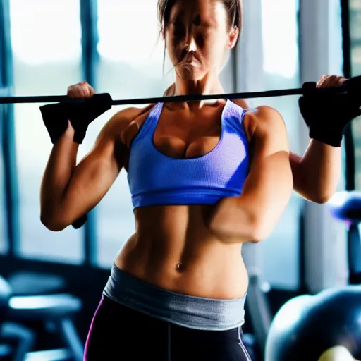 Prompt: pretty woman working out in a gym, tight sports clothing, sweating, abs, warm lighting, depth of field