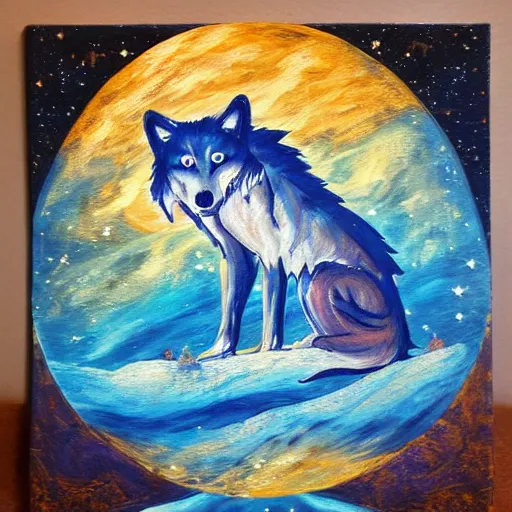 Image similar to wolf okami resting under a sky full of stars, by a deep!! river, calm, acrylic on canvas