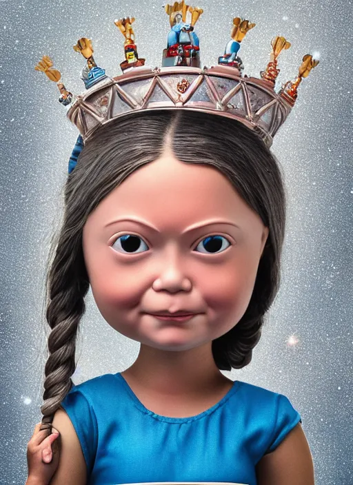 Image similar to closeup face profile portrait of tin toy greta thunberg as an astronaut princess wearing a crown eating cakes, bikini, depth of field, zeiss lens, detailed, symmetrical, centered, fashion photoshoot, by nicoletta ceccoli, mark ryden, lostfish, breathtaking, 8 k resolution, extremely detailed, beautiful, establishing shot, artistic, hyperrealistic, octane render