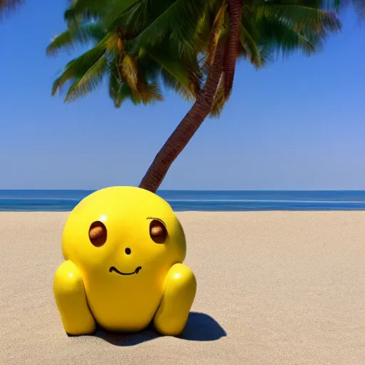 Image similar to a lemon in shape of a human with legs of lemons and round body, arms of lemons, it's relaxing on a beach, volumetric light