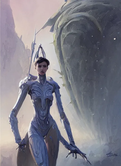 Image similar to a professional painting of a beautiful young female alien, clothed in ethereal armor, olive skin, long dark hair, beautiful bone structure, symmetrical facial features, intricate, elegant, digital painting, concept art, smooth, sharp focus, illustration, from Valerian and the City of a Thousand Planets, by Ruan Jia and Mandy Jurgens and Artgerm and William-Adolphe Bouguerea