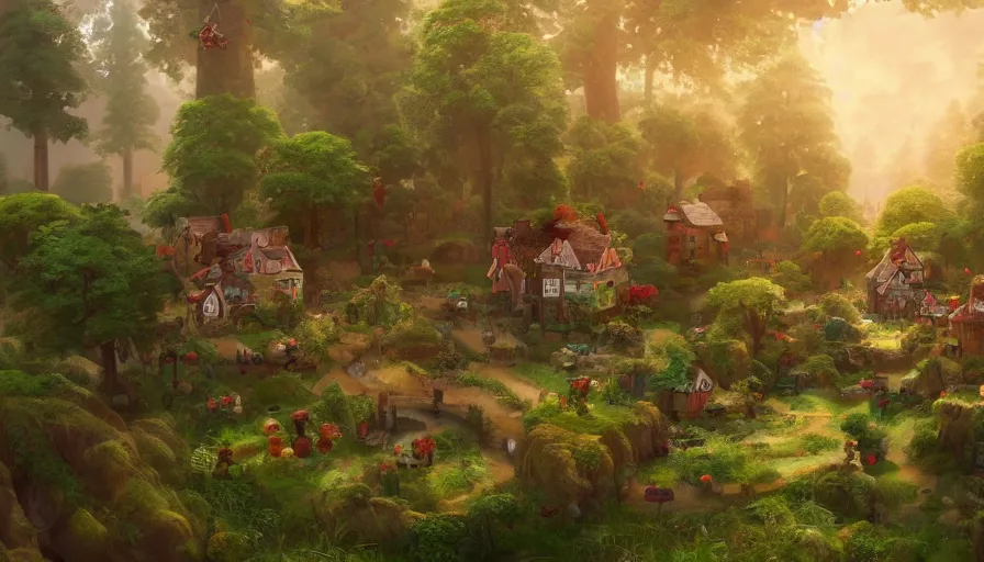 Prompt: Small little village with teddy bears built in a forest with humongous trees, hyperdetailed, artstation, cgsociety, 8k