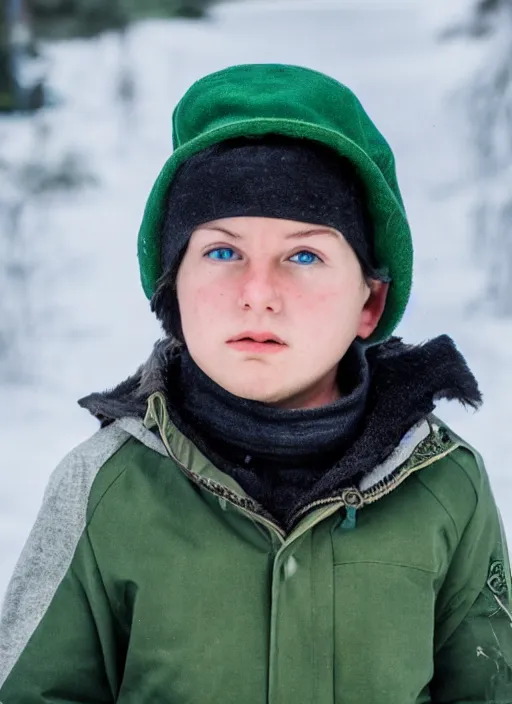 Image similar to portrait photo still of real life young stan marsh wearing a green trapper hat, 8 k, 8 5 mm, f. 1 4