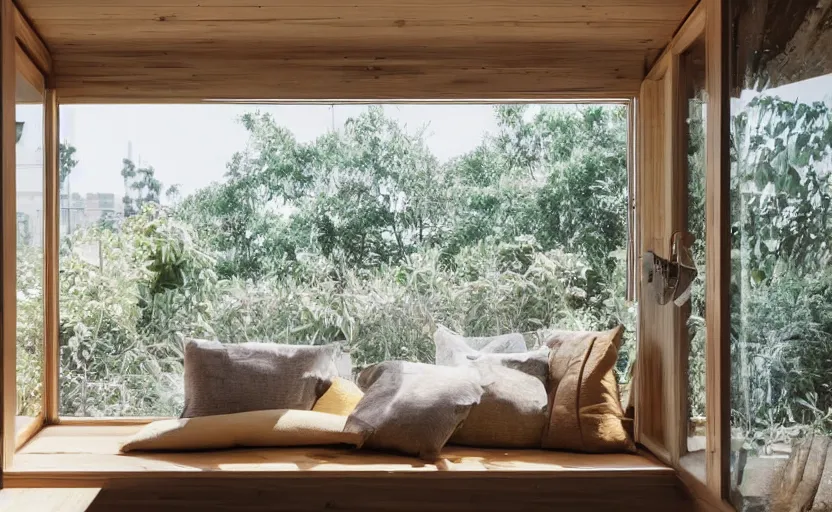 Prompt: interior desing magazine photo of a big window with a wooden frame to sit on, some sandy yellow pillows, there are books and plants on a integrated shelf, great architecture, ambient light, 8k