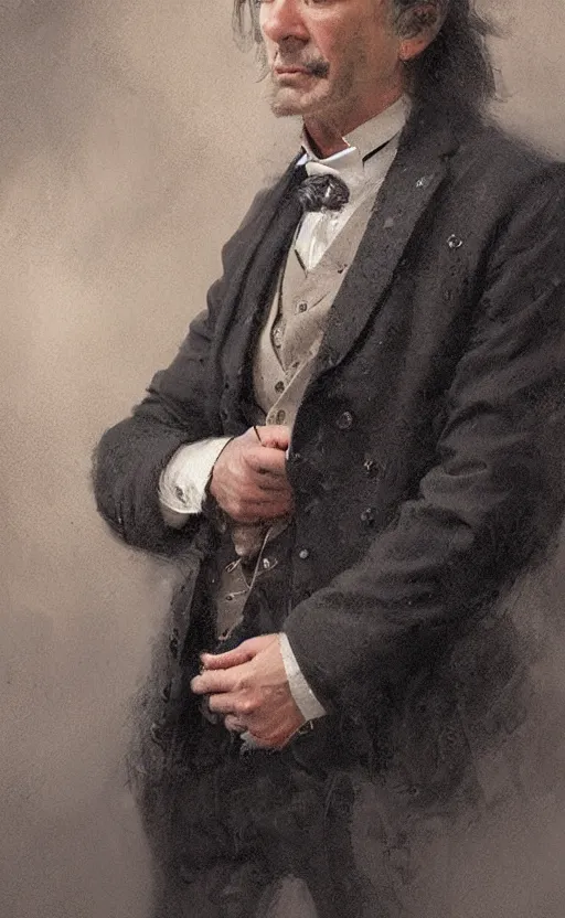 Image similar to official portrait of a middle aged man wearing a waistcoat, male, detailed face, victorian, highly detailed, cinematic lighting, digital art painting by greg rutkowski