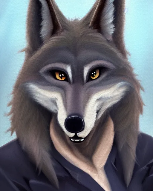 Image similar to oil painting of anthromorphic female wolf, in style of zootopia, female fursona, furry, furaffinity, 4 k, deviantart, furry art, fursona art, wearing black business suit, business suit, wolf fursona, female, very expressive detailed feminine face,