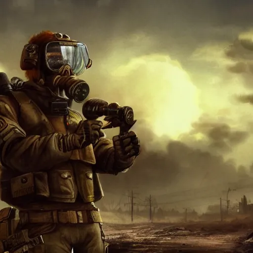 Prompt: postapocalyptic nuclear explosion cinematic background, still portrait of anthropomorphic nafo shiba inu wearing military tactical gear , 4k trending on artstation