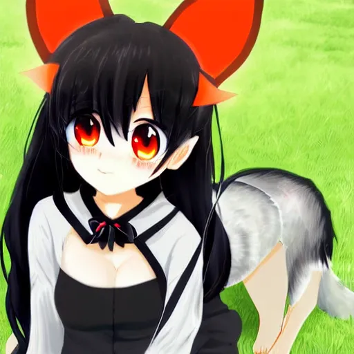 Prompt: cute anime girl with dark skin, black hair, wolf ears and glowing orange eyes