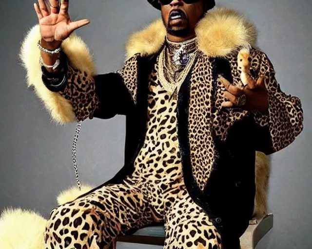 Image similar to cult worship of a angel pimp. the pimp is swagged out to the max. the pimp is wearing a cheetah. he loves the cheetah. he is the cheetah's actual dad.