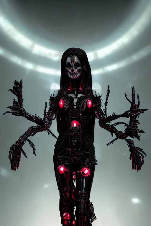 Prompt: full-body cyberpunk style sculpture of a young beautiful dark priestess. half android with a head opening exposing circuitry. glowing red eyes, black roses, flowing blood-red colored silk. fabric, candles. baroque elements. human skull. full-length view. baroque element. intricate artwork by Caravaggio. crows flying in background. Trending on artstation, octane render, cinematic lighting from the right, hyper realism, octane render, 8k, depth of field, 3D