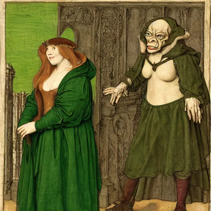 Prompt: a goblin monster and a woman in a green cloak, by Hans Holbein the Younger