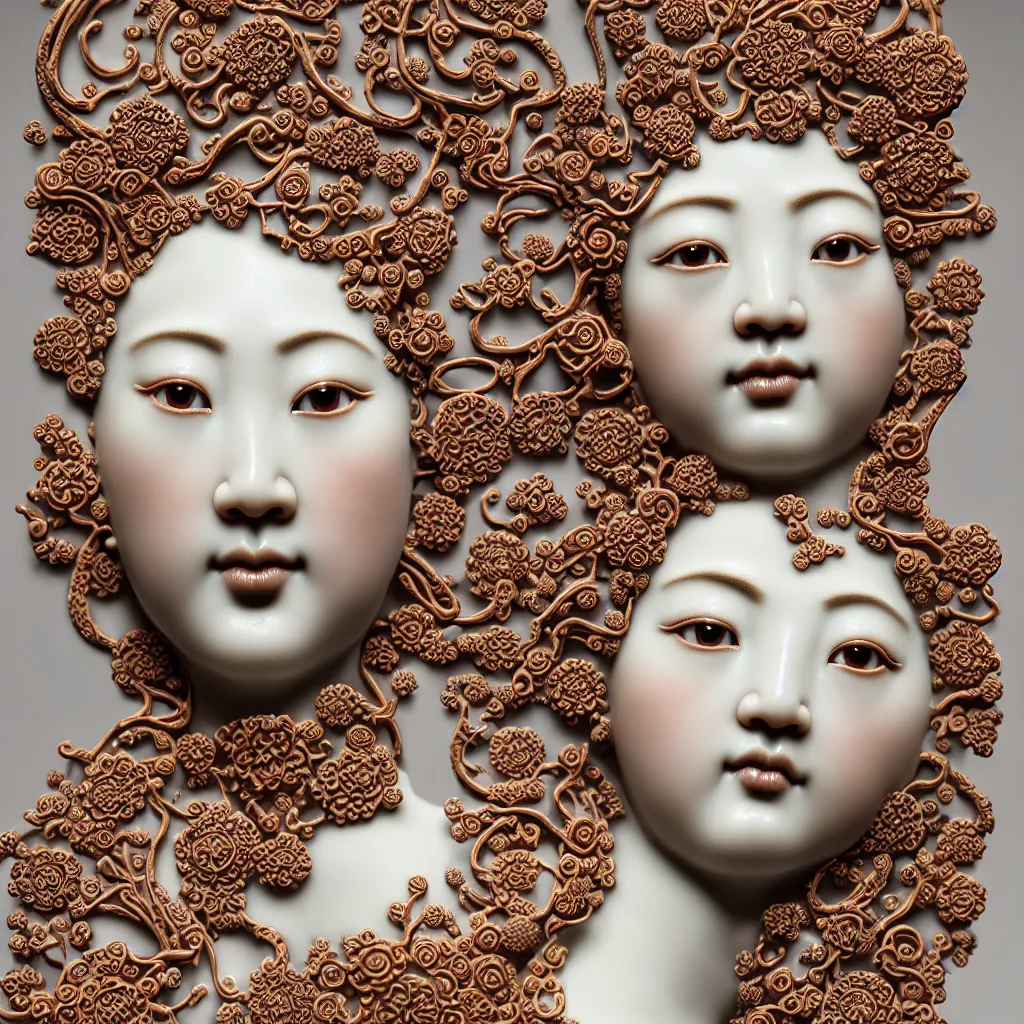 Prompt: The Goddess of Beauty, A Close up photo-real delicate ceramic porcelain sculpture of a symmetrical ornate detailed in front of an intricate background by Victo Ngai and takato yamamoto, micro detail, backlit lighting, face in focus, subsurface scattering, translucent, thin porcelain, octane renderer, colorful, physically based rendering, japanese pottery, trending on cgsociety