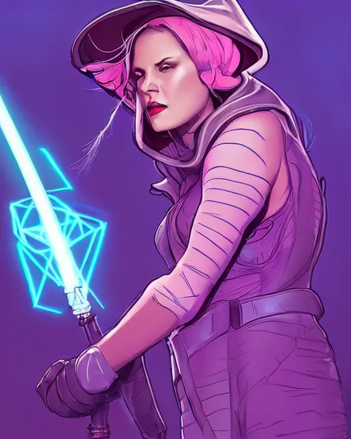 Prompt: A witch wielding a futuristic power staff, digital apex legends illustration portrait, gorgeous lighting, wide angle action dynamic portrait, perspective shot, art by Nick Sullo, Pink and blue palette,