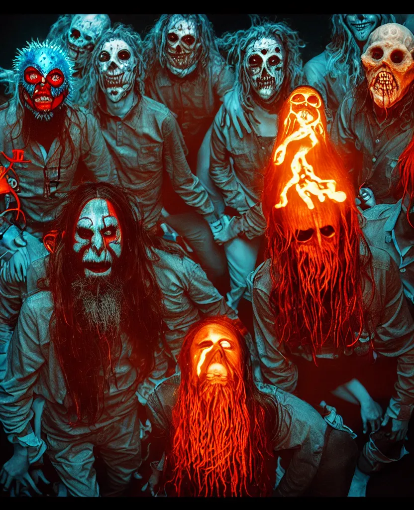 Image similar to Rob Zombie and Captain Spalding (The Devils Rejects) and Slipknot, epic angle and pose, symmetrical artwork, 3d with depth of field, blurred background, cybernetic jellyfish female face skull phoenix bird, translucent, nautilus, energy flows of water and fire. a highly detailed epic cinematic concept art CG render. made in Maya, Blender and Photoshop, octane render, excellent composition, cinematic dystopian brutalist atmosphere, dynamic dramatic cinematic lighting, aesthetic, very inspirational, arthouse. y Greg Rutkowski, Ilya Kuvshinov, WLOP, Stanley Artgerm Lau, Ruan Jia and Fenghua Zhong