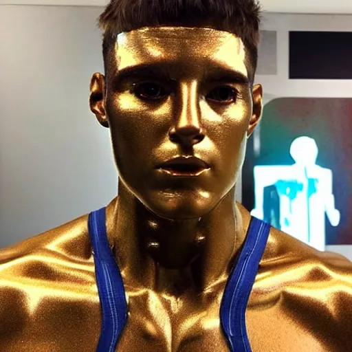 Prompt: “a realistic detailed photo of a guy who is an attractive humanoid who is half robot and half humanoid, who is a male android, American freestyle and folkstyle wrestler from Oklahoma AJ Ferrari, shiny skin, posing like a statue, blank stare, at college, on display”