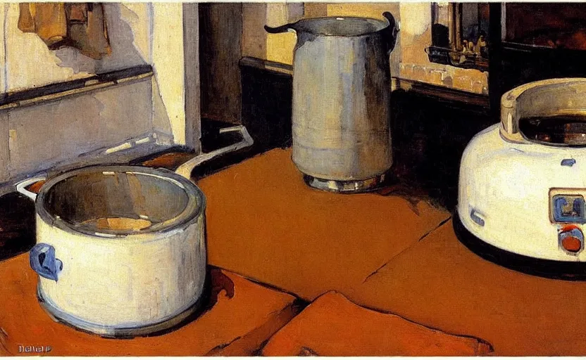 Prompt: a closeup of a pot of boiling water on a stove, by ricardo bofill, by stanhope forbes, by david bomberg, painting